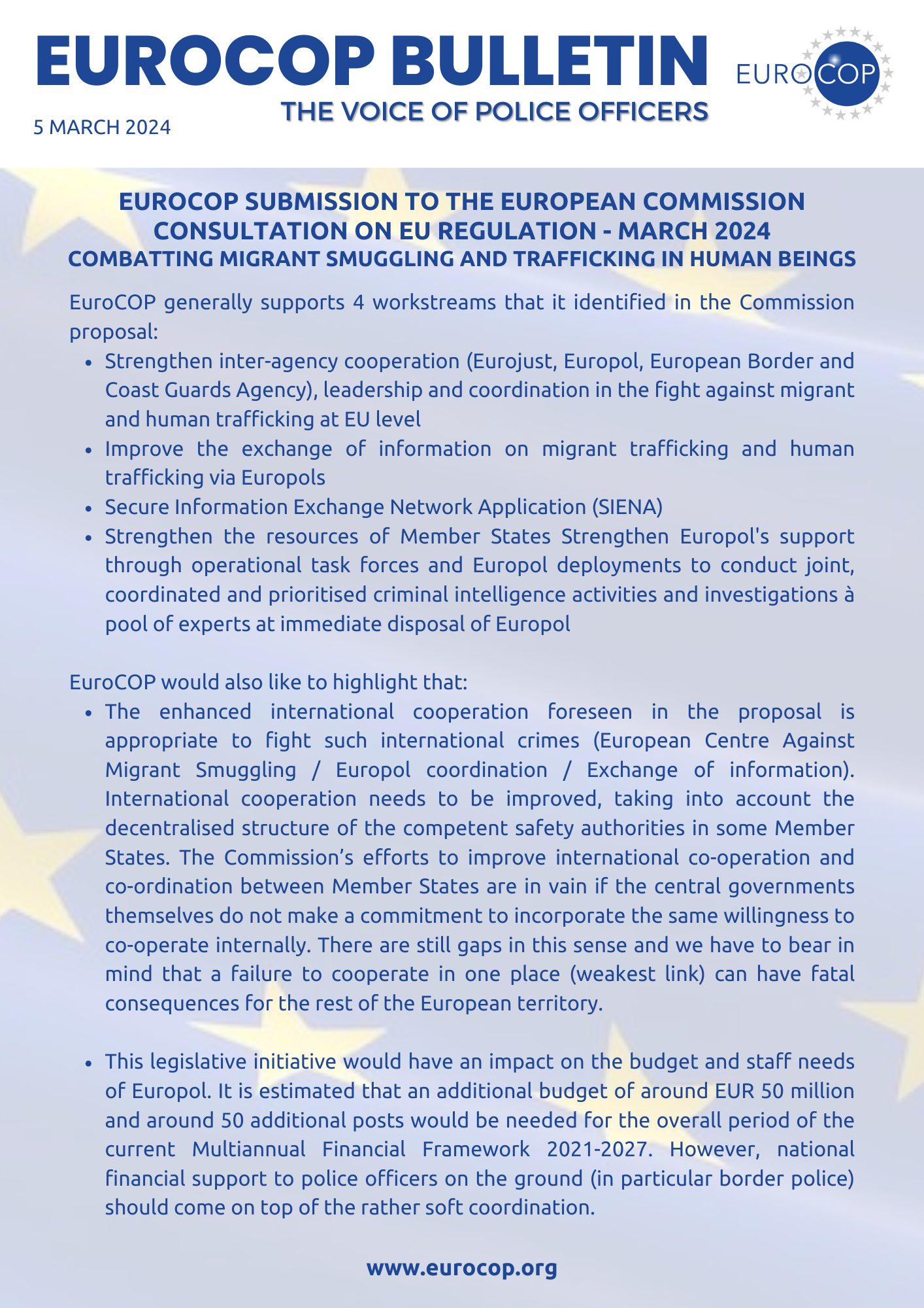 EuroCOP Submission to the European Commission Consultation on EU regulation – march 2024 Combatting migrant smuggling and trafficking in human being