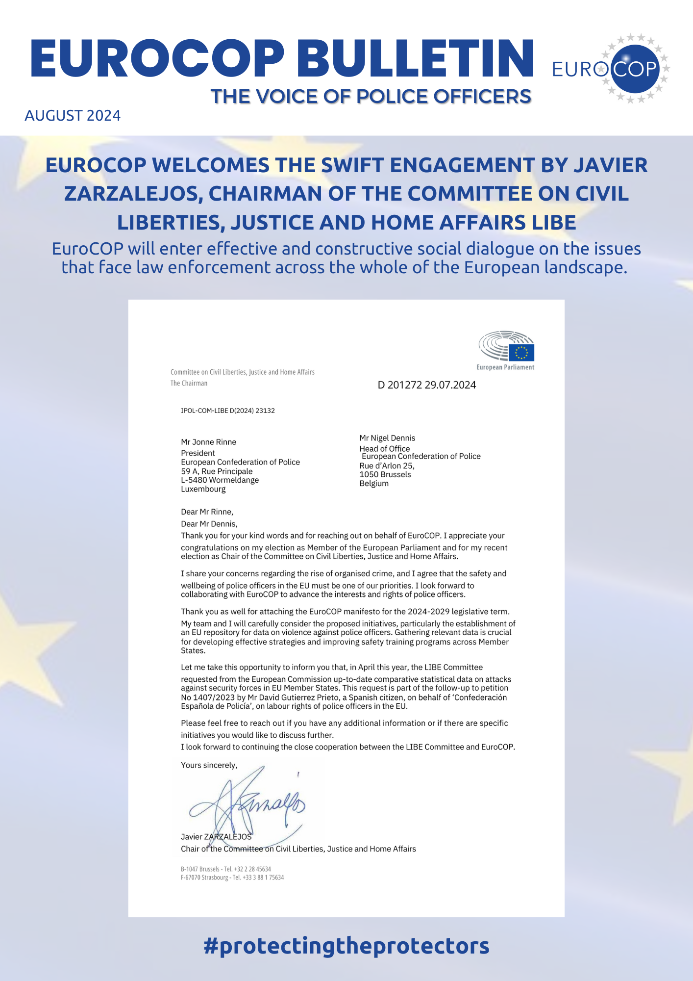 EuroCOP welcomes the swift engagement by Javier Zarzalejos, Chairman of the Committee on Civil Liberties, Justice and Home Affairs LIBE