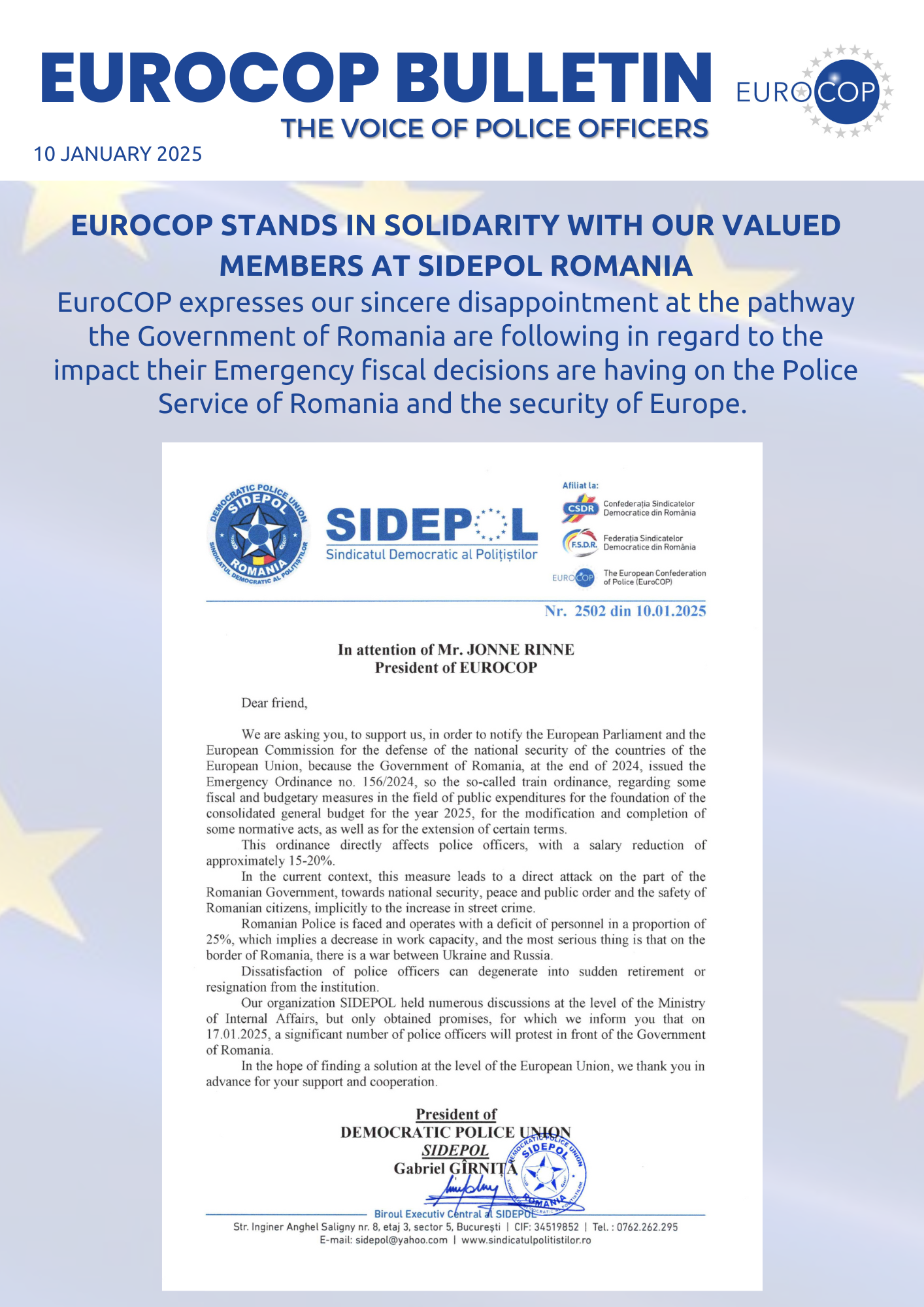 EuroCOP stands in solidarity with our valued members at Sidepol Romania