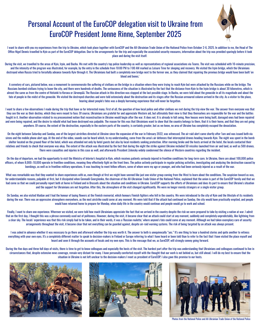 Personal Account of the EuroCOP delegation Visit to Ukraine from EuroCOP President Jonne Rinne, September 2025