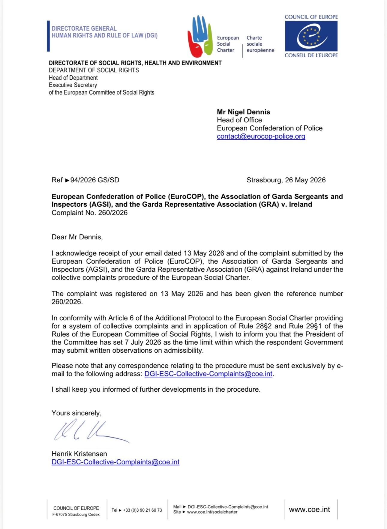 An update on the collective complaint EuroCOP, the Association of Garda Sergeants and Inspectors (AGSI), and the Garda Representative Association (GRA) v. Ireland Complaint No. 260/2026